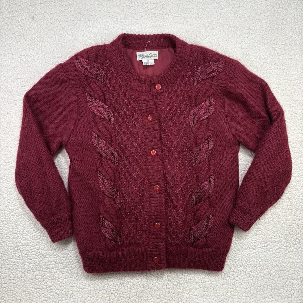 80s Maroon Wool Blend Cable Knit Cardigan Fisherman Sweater Alexa Grace Large